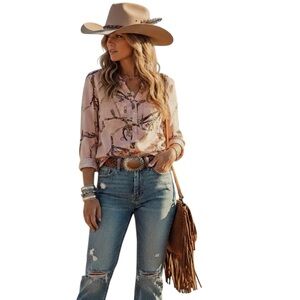 Robert Friedman SAMIRAL Equestrian Chain Print Blouse pink brown small NWT